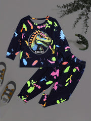 Boy's Dino Graffiti 2pcs Set Long Sleeve Top Casual Outfits For Spring Fall