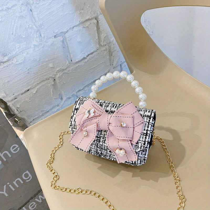 Kids' Bow Decor Mini Messenger Bag with Faux Pearl Handle