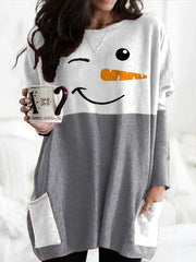 Women's Plus Snowman Print Long Sleeve Tunic Top With Pockets
