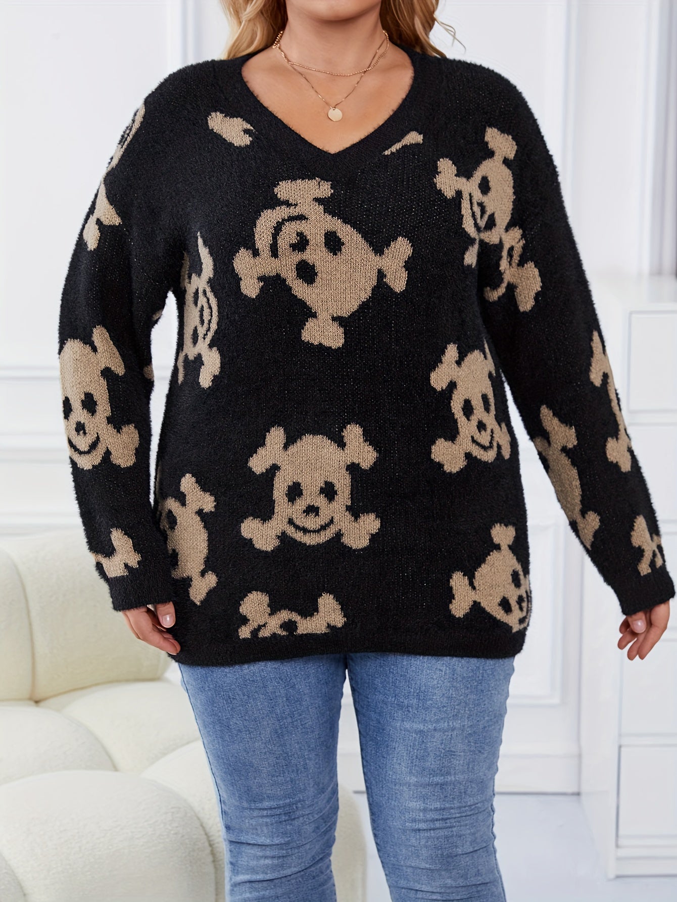 Halloween Skull Print V Neck Sweater Long Sleeve