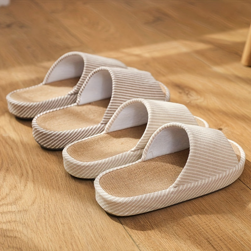 Women's Striped Flat Slippers Linen Open Toe Soft Home Shoes