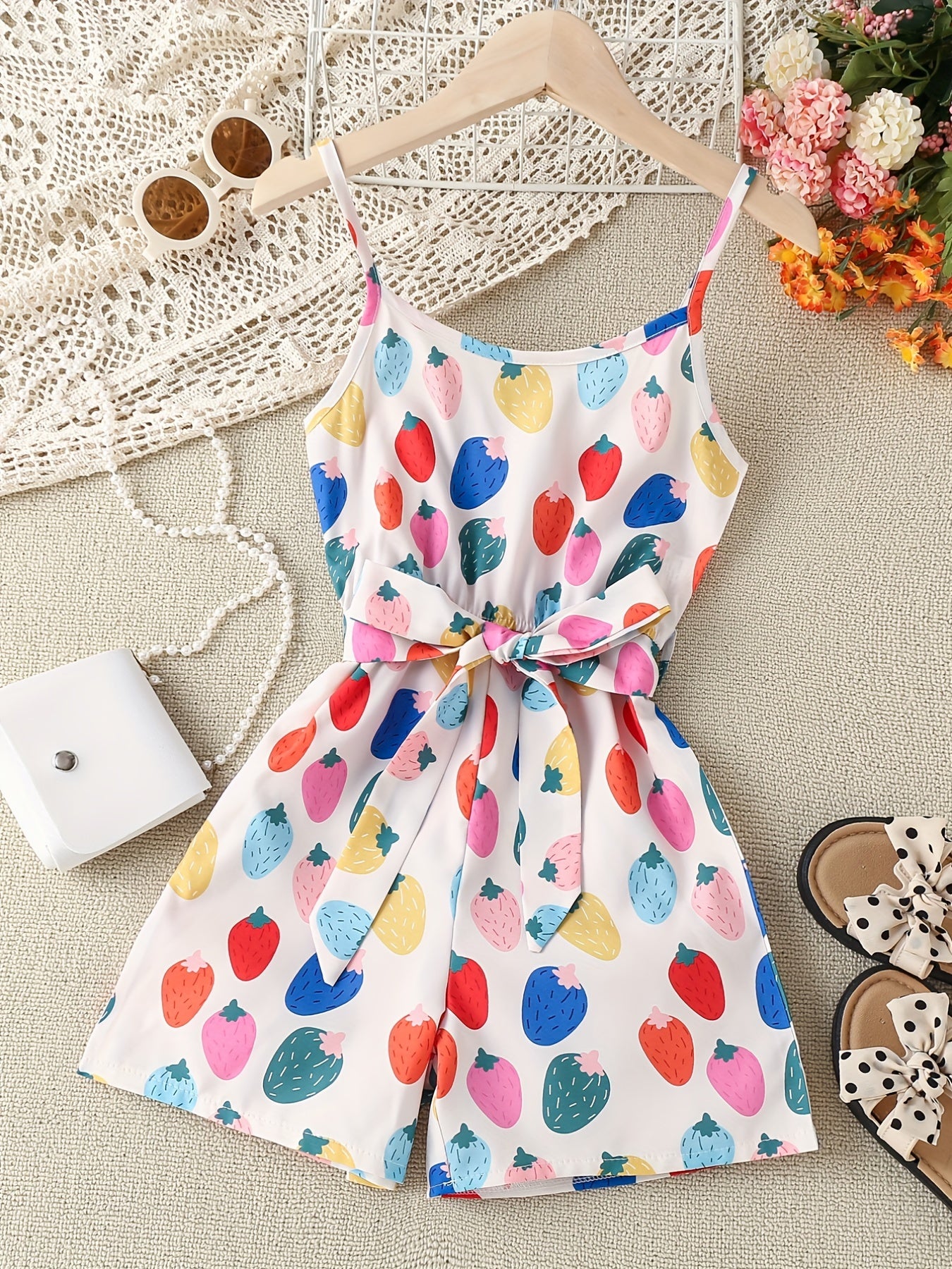 Girls Strawberry Print Suspender Jumpsuit Toddler Kids Summer