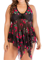 Mesh Floral Print Bikini Set Women's Plus Stretch Swimsuit Set