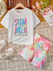 2 Pcs Girls' Tie Dye T Shirt & Shorts Set for Summer