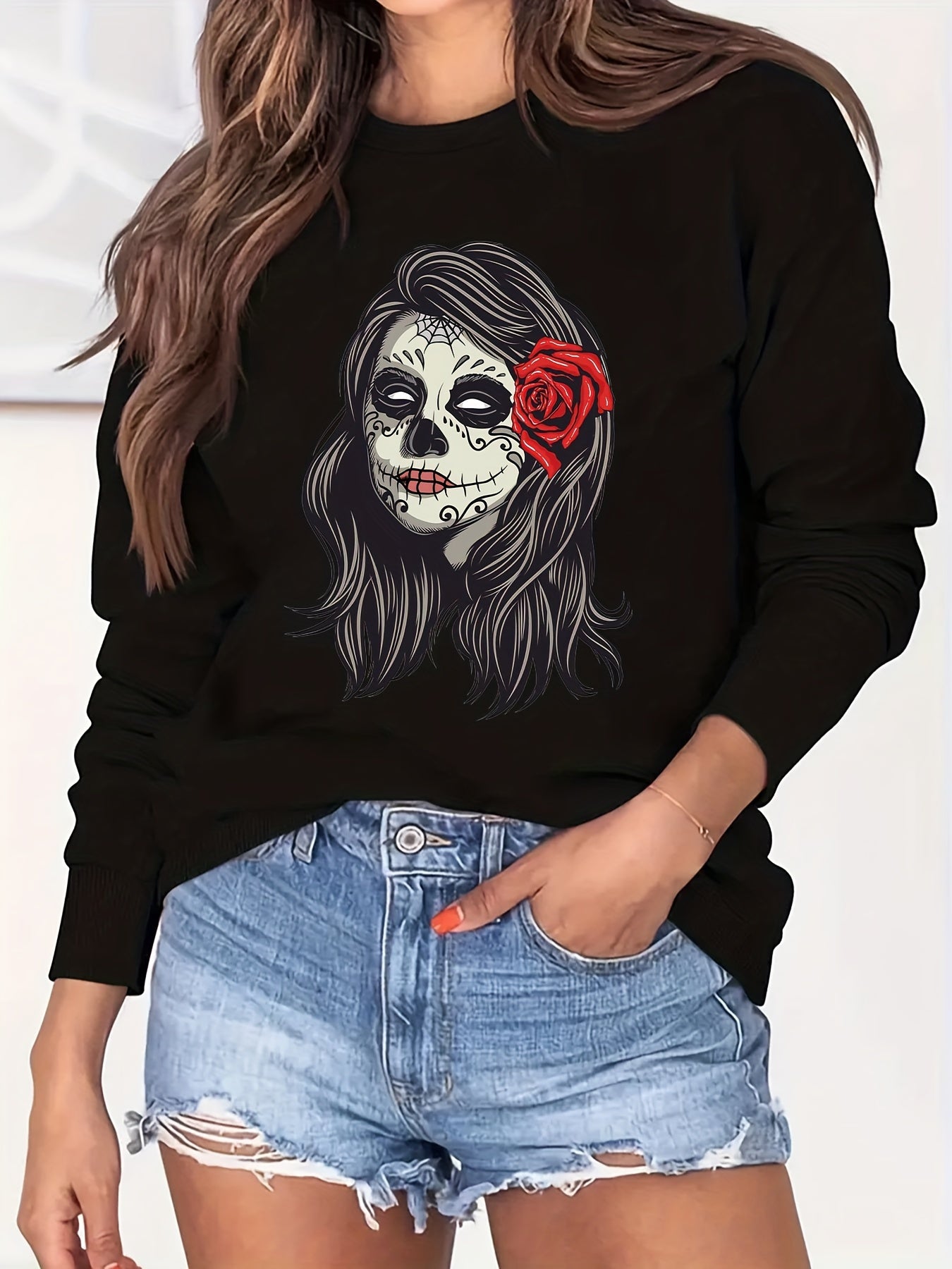 Skull Print Sweatshirt Crew Neck Long Sleeve Casual Top