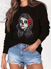 Skull Print Sweatshirt Crew Neck Long Sleeve Casual Top