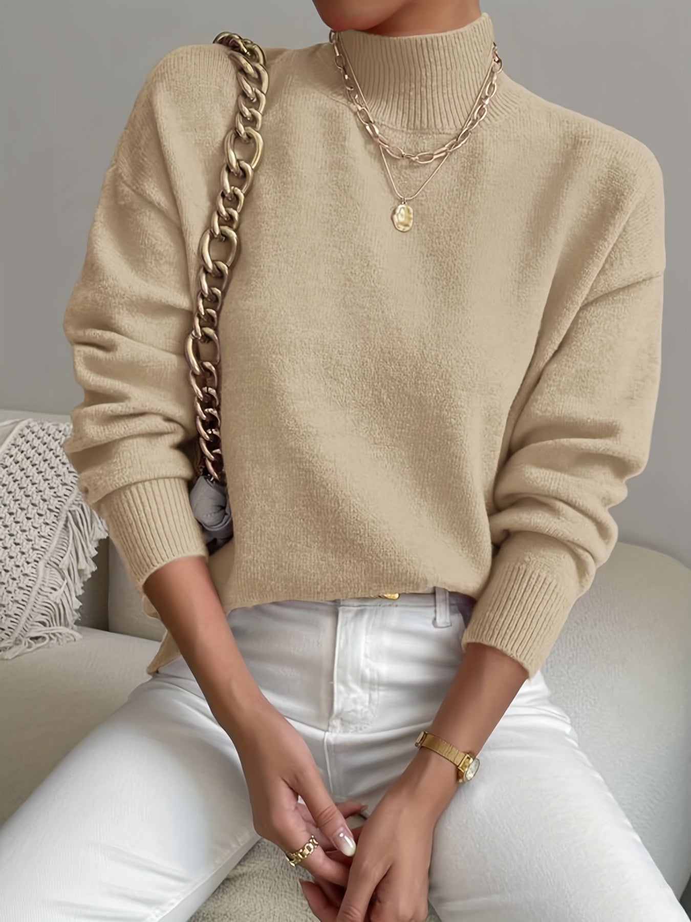 Solid Mock Neck Knit Sweater Drop Shoulder Long Sleeve Women's Clothing