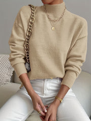 Solid Mock Neck Knit Sweater Drop Shoulder Long Sleeve Women's Clothing