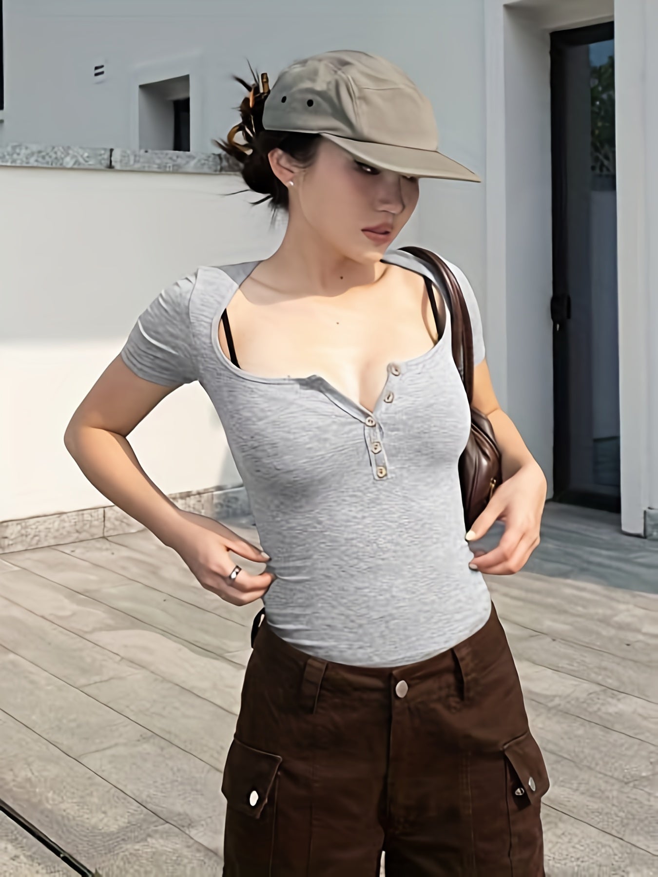 3 Pack Plus Size Basic Bodysuit Women's Plus Round Neck Button Up High Stretch