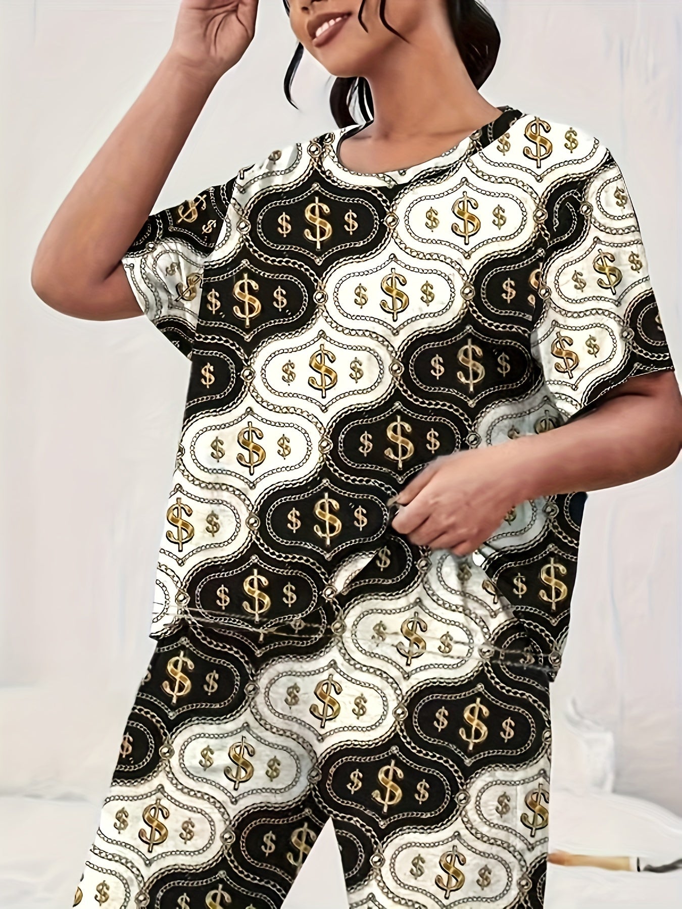 Cash Graphic Pajama Set Women's Short Sleeve Tshirt & Pants Loungewear