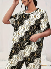 Cash Graphic Pajama Set Women's Short Sleeve Tshirt & Pants Loungewear