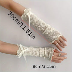Y2K Lolita Ballet Style Long Gloves with Lace Cuffs & Pink Bow