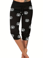 Graphic Print Drawstring Cropped Pants for Spring
