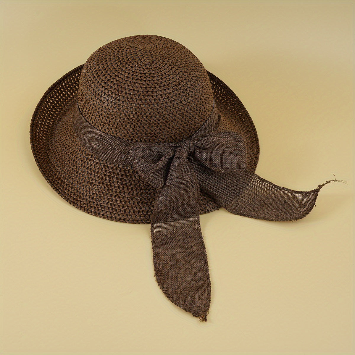 Rolled Brim Crochet Sun Hat Breathable Hollow Straw Hats Bowknot