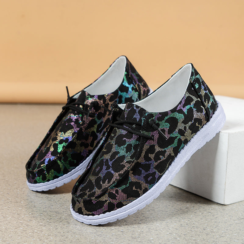 Leopard Print Canvas Lace-Up Flat Shoes Lightweight Slip-On