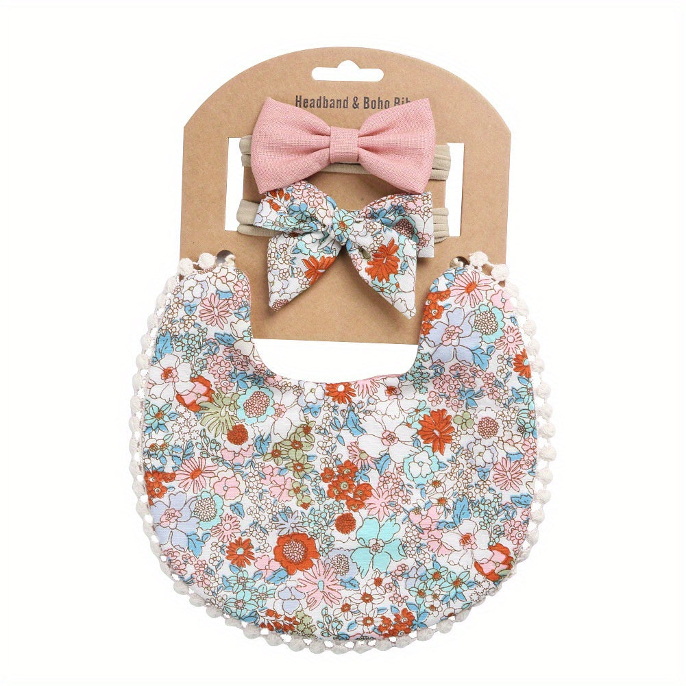 Cute Baby Bib & Headband Set Cotton Linen Double Sided Protection
