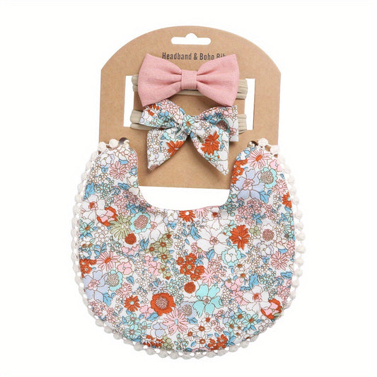 Cute Baby Bib & Headband Set Cotton Linen Double Sided Protection