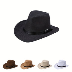 Western Cowboy Straw Fedora Belt Decor Wide Brim Sun Hat