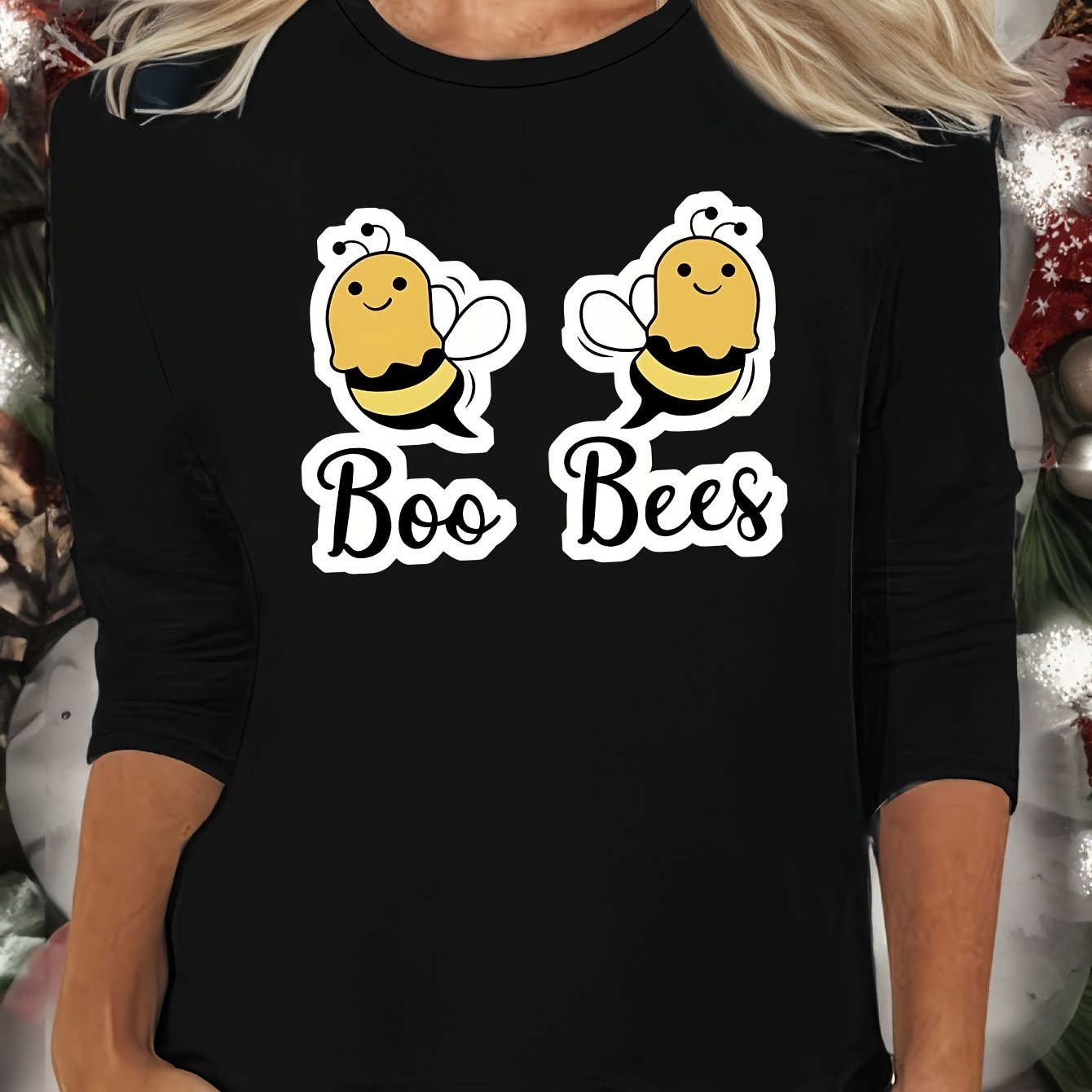 Bee Print Lounge Top Long Sleeve Crew Neck Women's Sleepwear