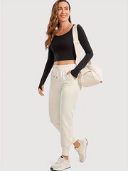 Solid Crew Neck Crop Tops Slim Fit Long Sleeves Yoga T shirt