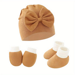 Newborn Baby Set: Hat with Bow, Mittens, Non-Slip Socks