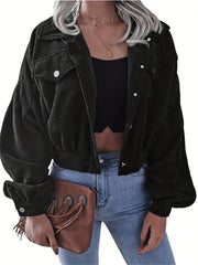Corduroy Crop Jacket Long Sleeve for Fall & Winter Women's Clothing
