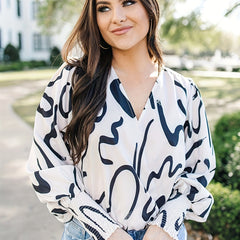 Casual Blouse Women's Plus Graffiti Print Lantern Sleeve Top