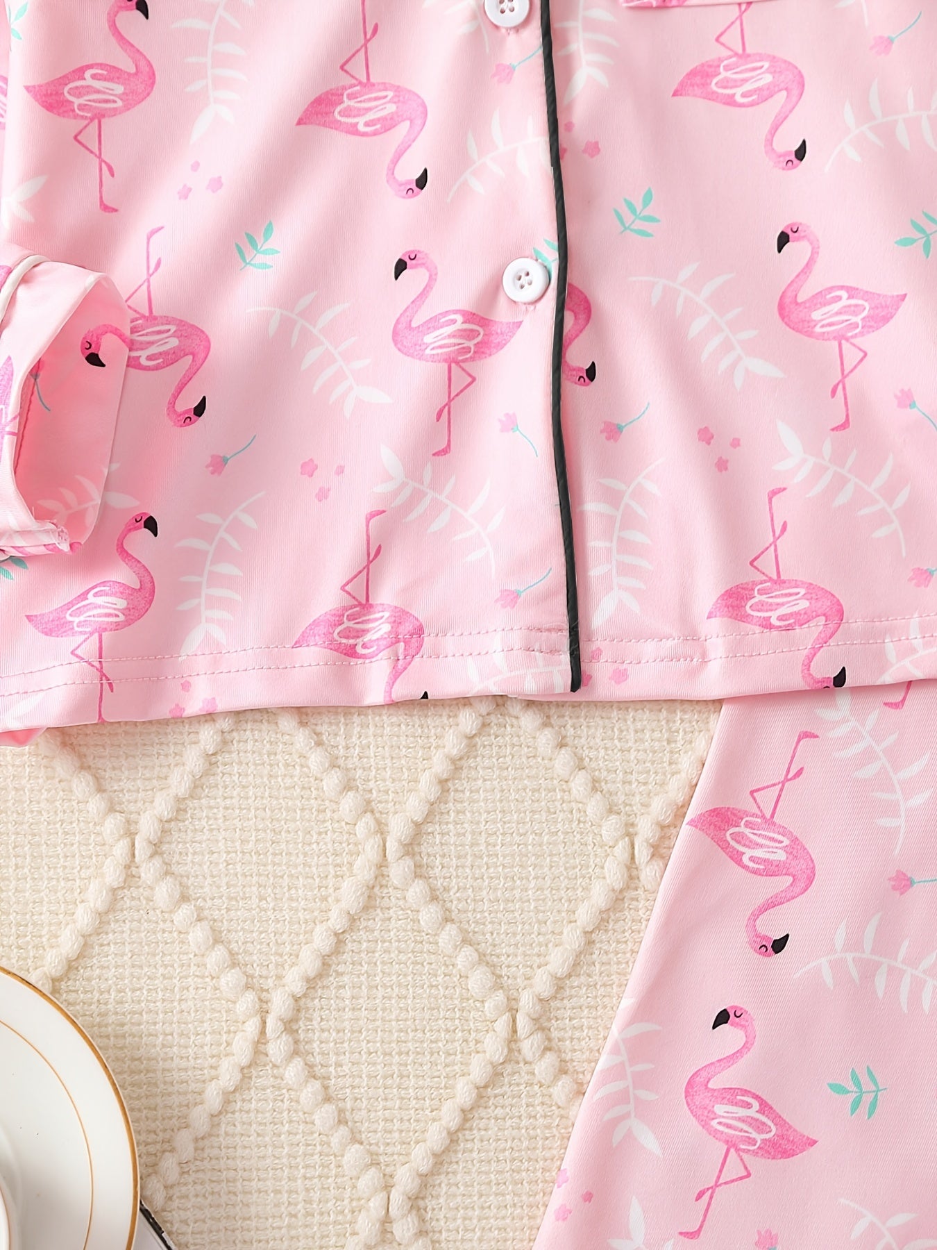 Girl's Flamingo Allover Print Pajamas Button Front Top & Pants Set