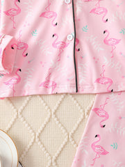 Girl's Flamingo Allover Print Pajamas Button Front Top & Pants Set