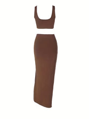 Y2K Solid Slim Two Piece Skirt Set Crop Tank Top & Side Drawstring Split Skirt