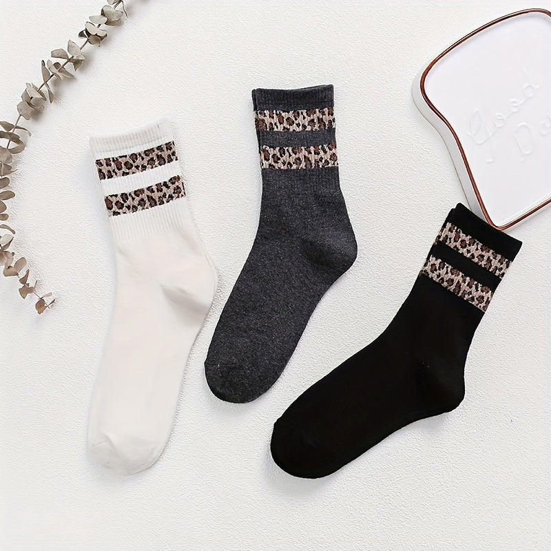 6 Pairs Leopard Print Mid Tube Socks Breathable Women's Stockings