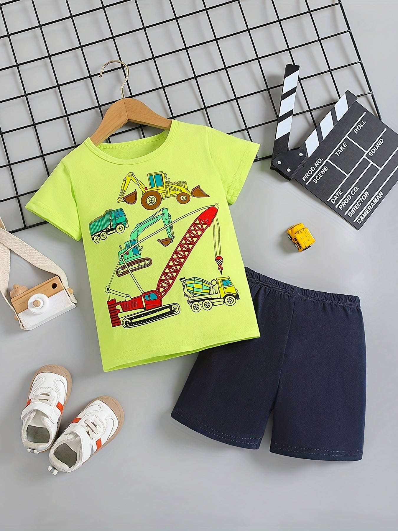 Boys Cartoon Construction Truck Casual Outfit T shirt & Shorts Summer Set