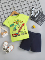 Boys Cartoon Construction Truck Casual Outfit T shirt & Shorts Summer Set