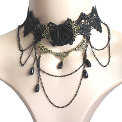 Dark Vintage Party Lace Choker Necklace with Rose Flower Pendant