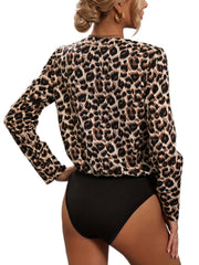 Leopard Print Notched Neck Button Bodysuit Long Sleeve
