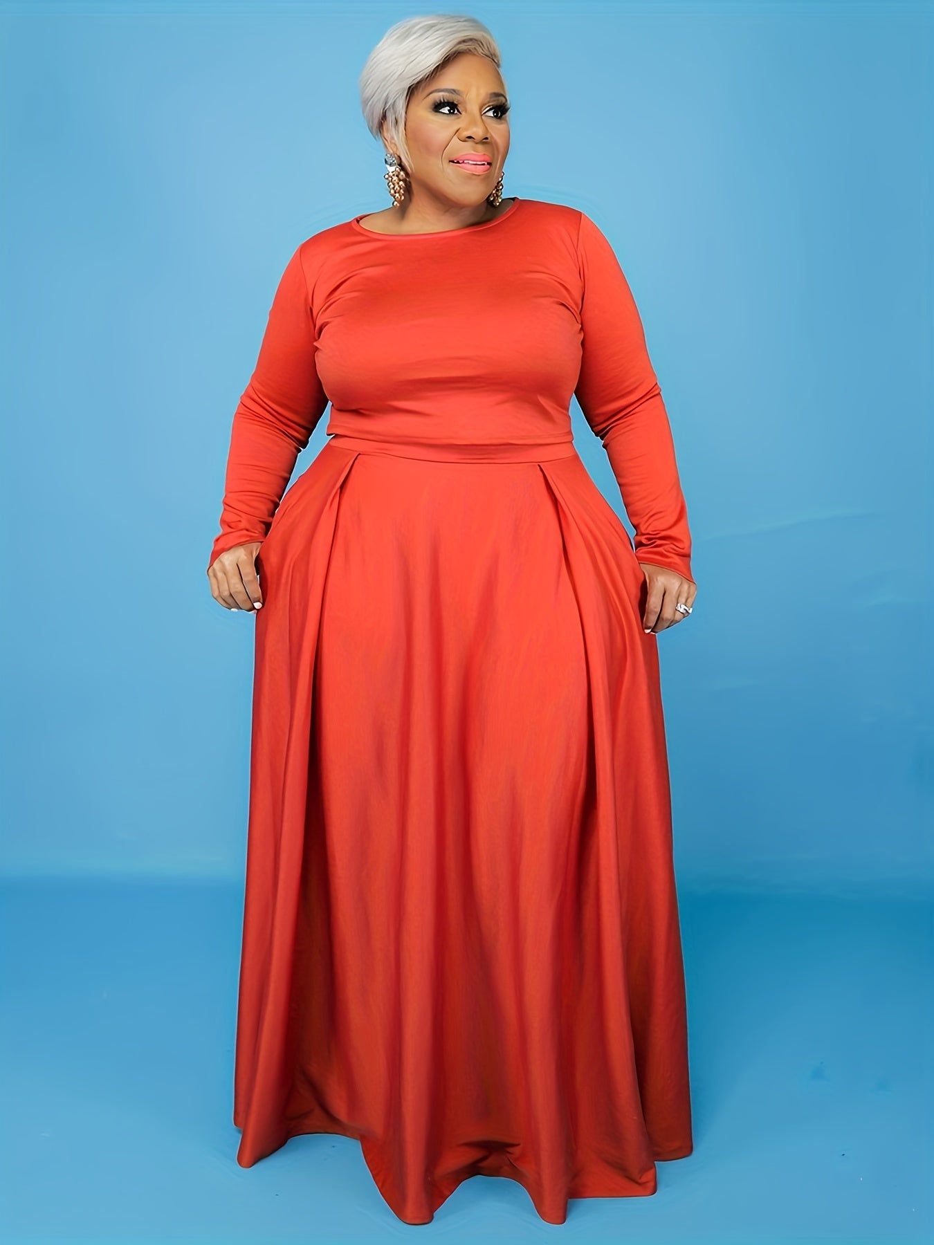 Women's Plus Solid Long Sleeve Top & Maxi Skirt Set