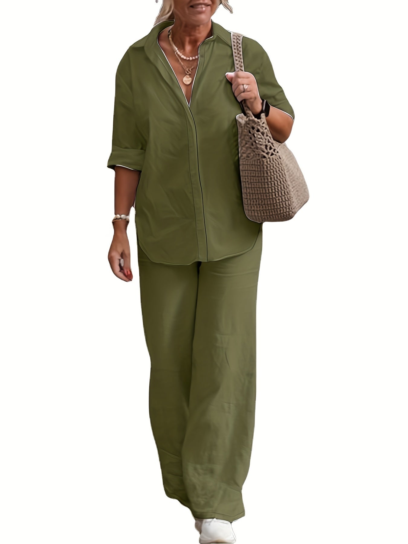 Solid Long Sleeve Shirt Top & Elastic Pants Set
