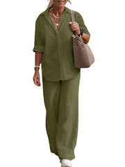 Solid Long Sleeve Shirt Top & Elastic Pants Set