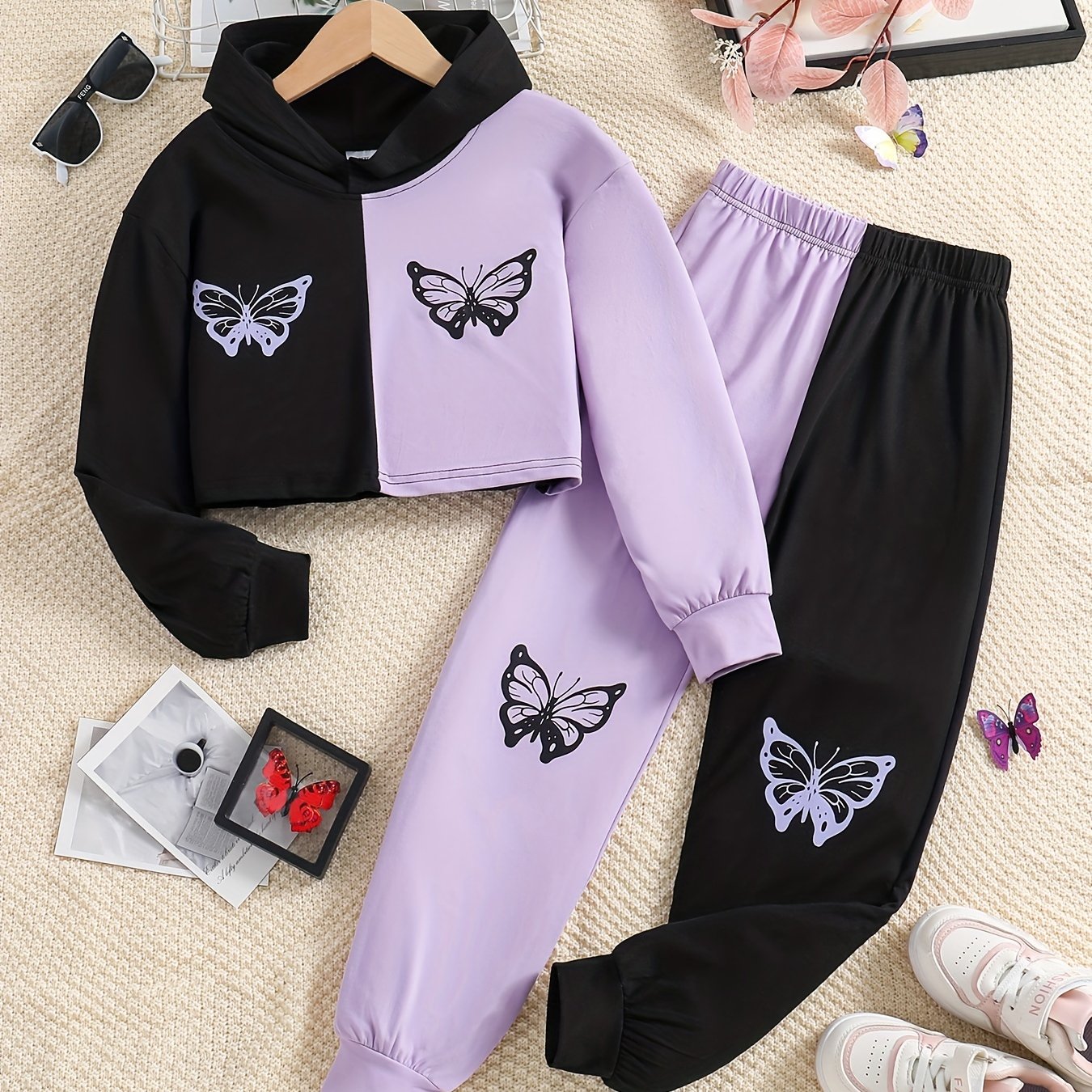 Girls Butterfly Print Hoodie & Sweatpants Set