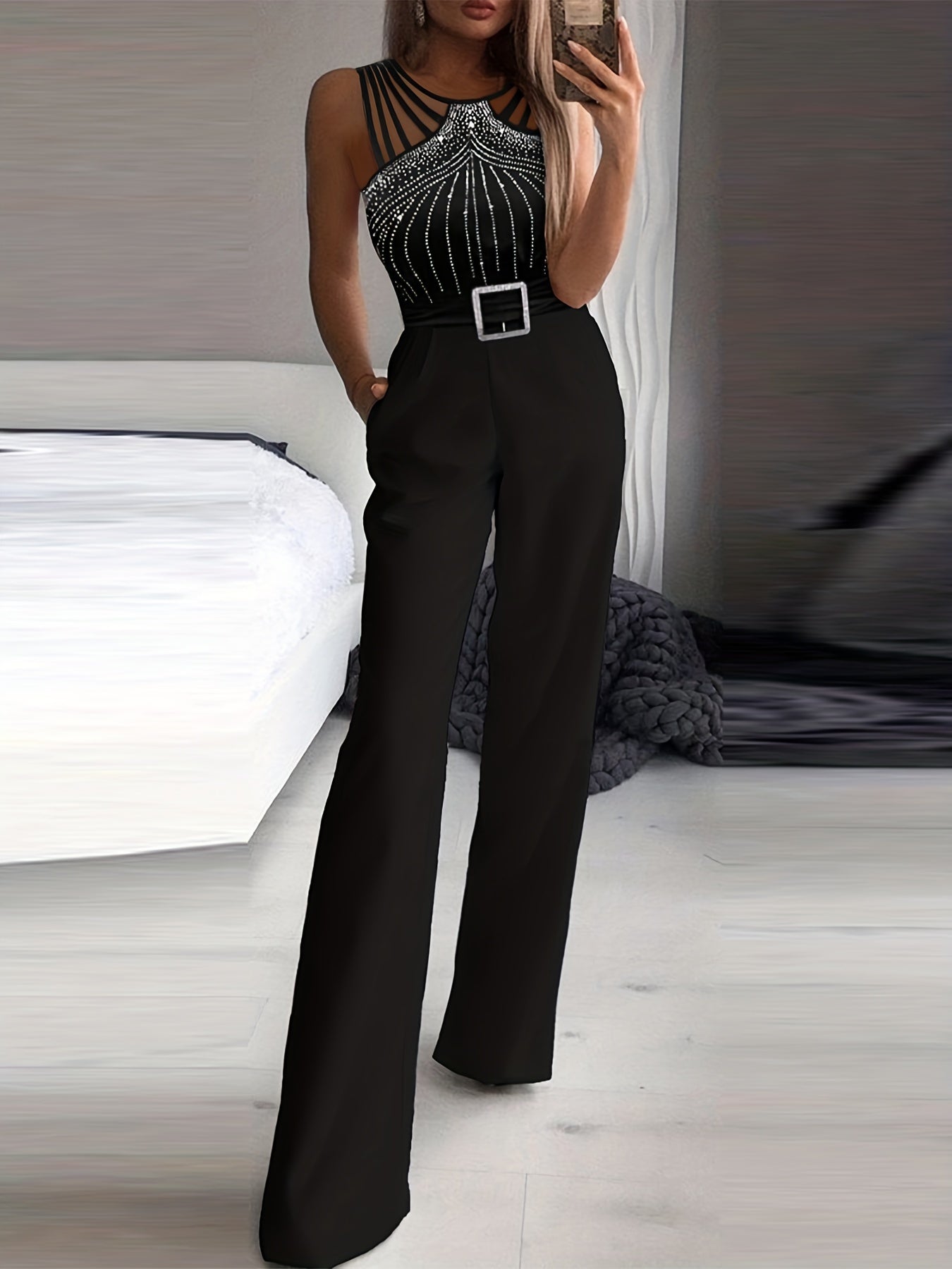 Sparkling Rhinestone Wide Leg Jumpsuit
