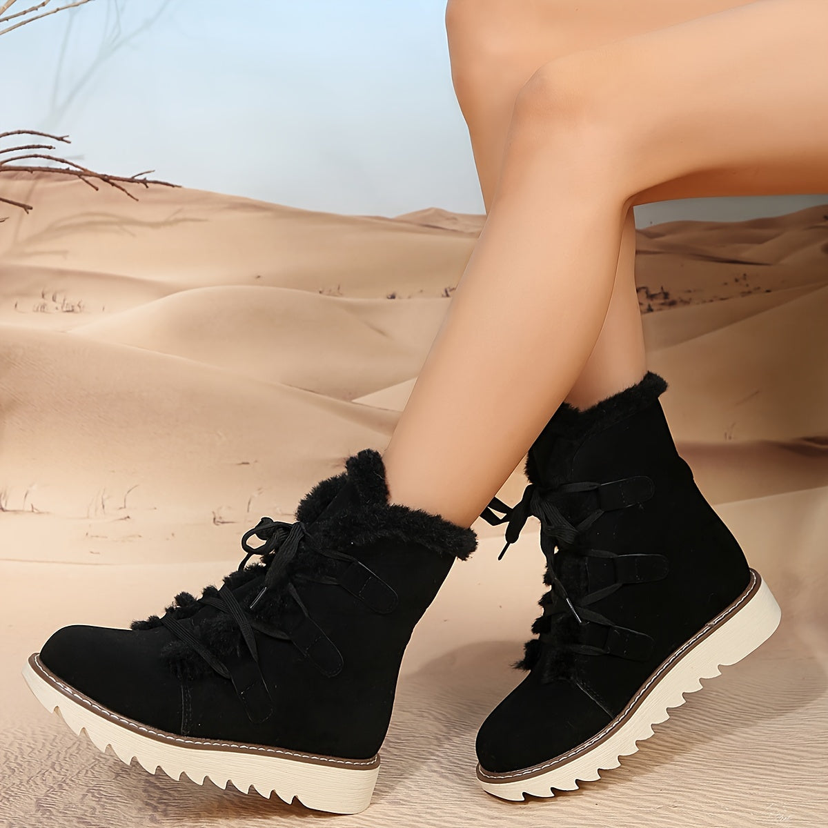 Women's Plush Inner Snow Boots Lace up Waterproof Mid Calf Comfortable Non slip