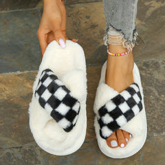 Women's Checkered Plush Slippers Crisscross Strap Fuzzy Platform Shoes