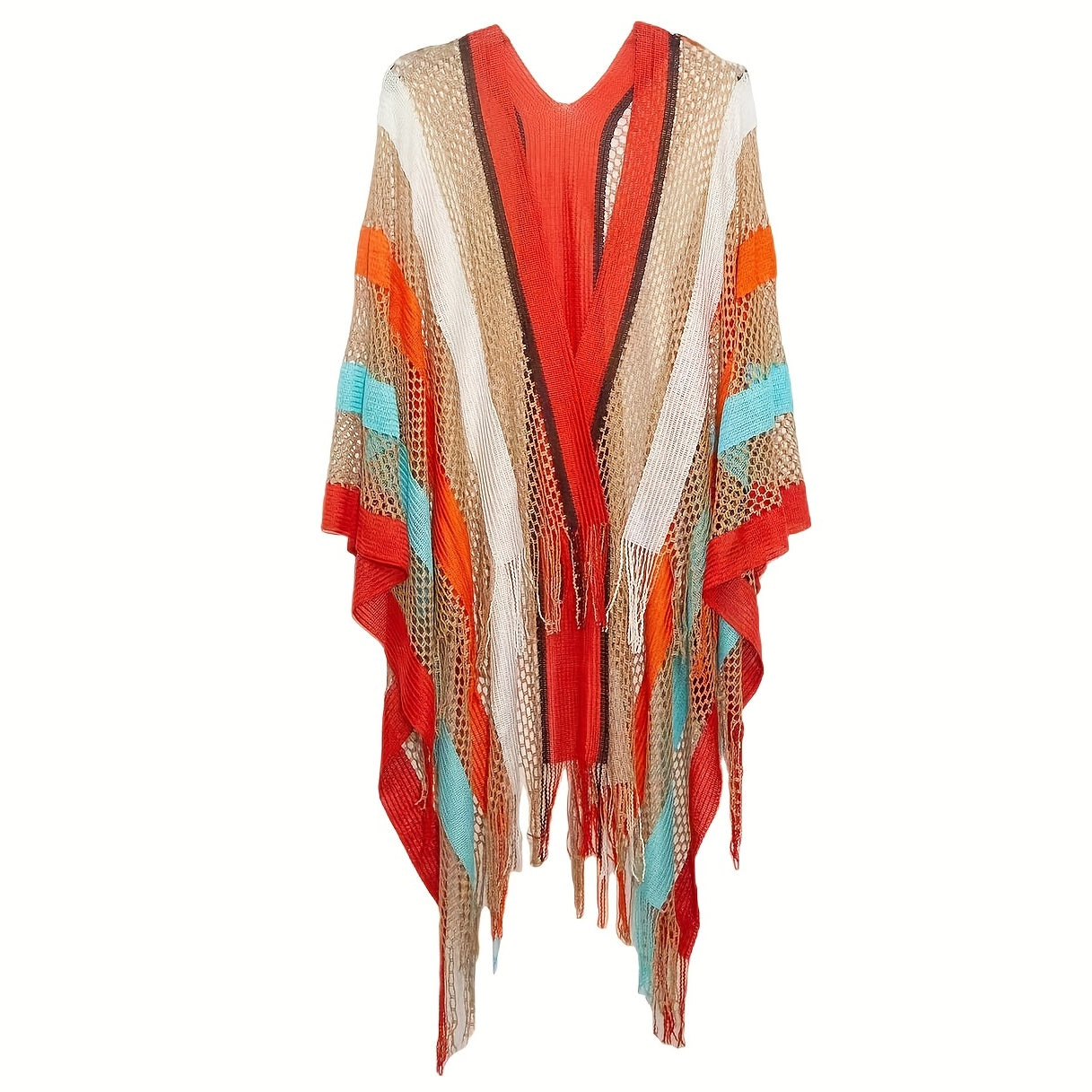 Striped Tassel Shawl Vintage Knitted Cardigan For Women