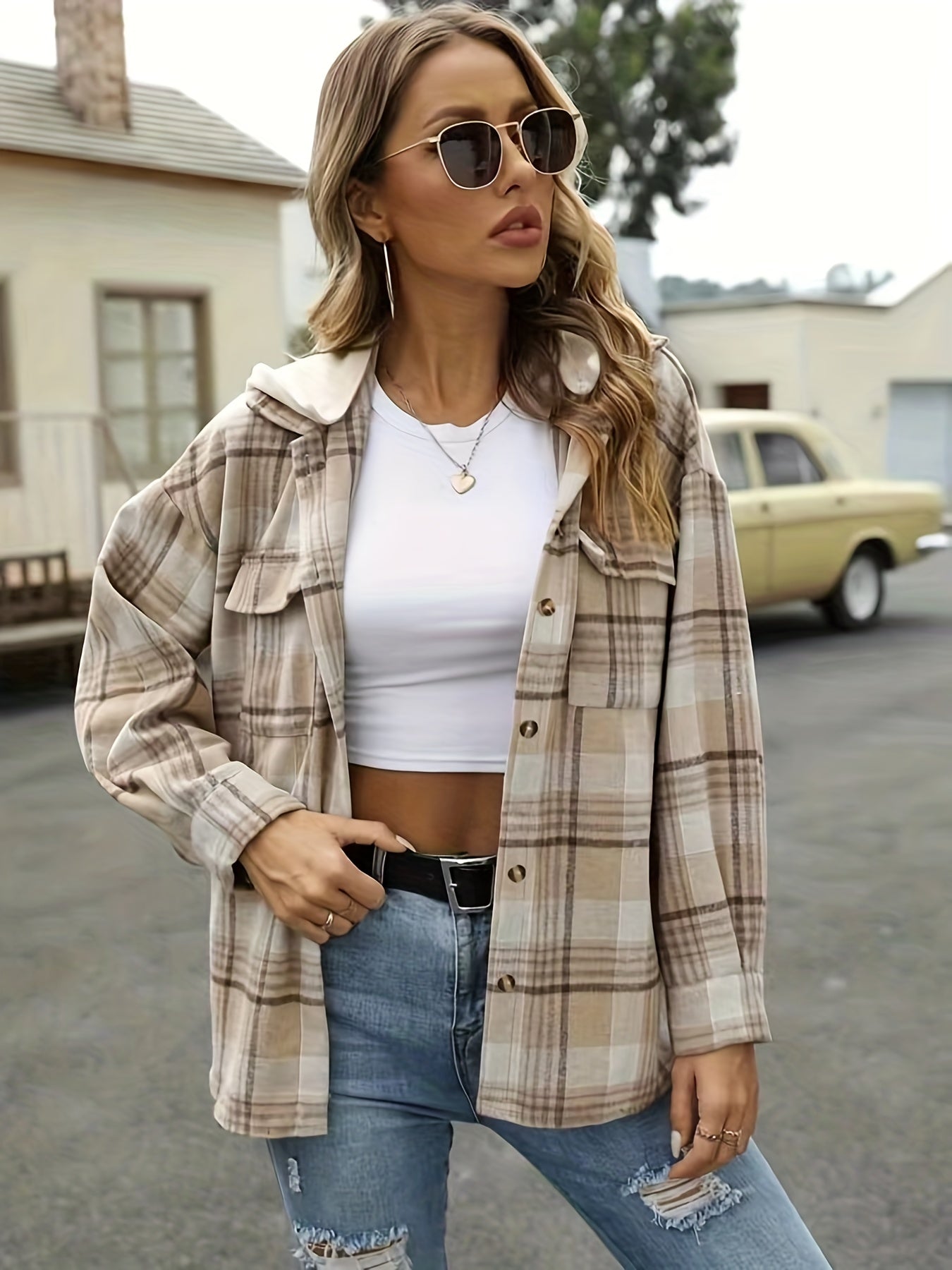 Plaid Flap Pockets Hooded Jacket for Fall & Winter