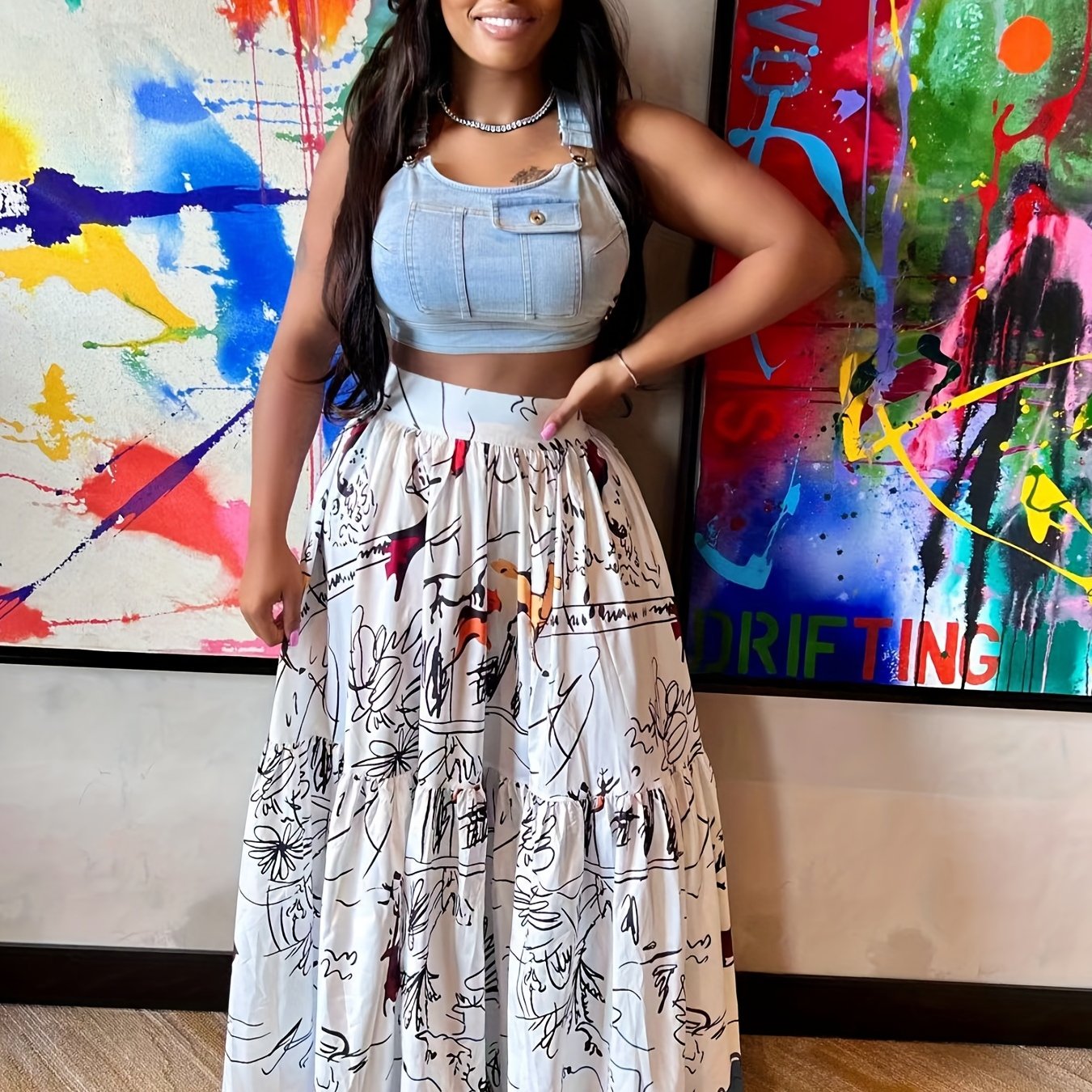 Graffiti Print High Waist Skirt Casual Ruched Maxi Skirt