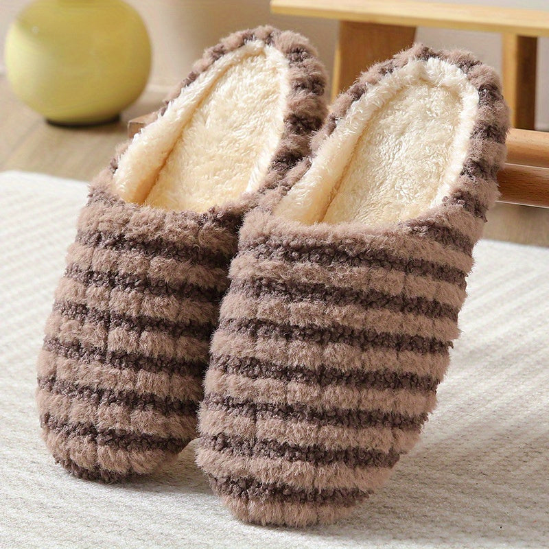 Women's Plush Striped Slippers Soft Sole Fuzzy Home Slides