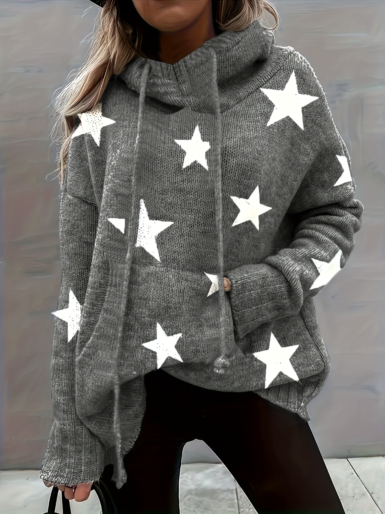 Star Print Long Sleeve Hoodie Sweater With Pockets