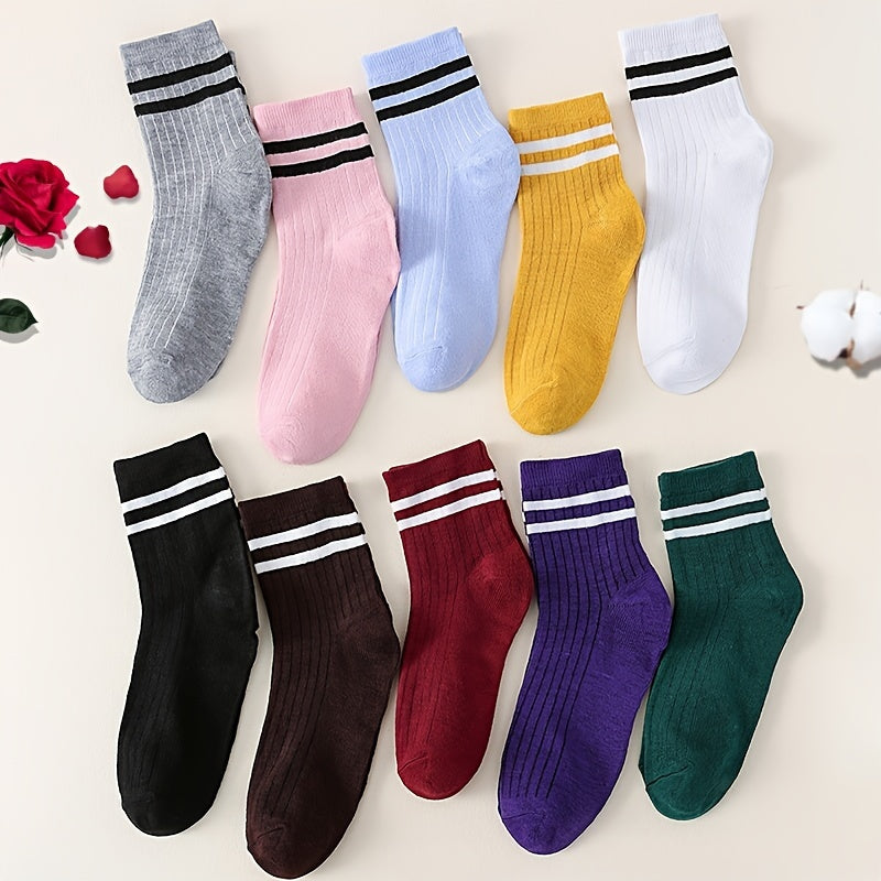 10pairs Mixed Ribbed Striped Crew Socks Women's Stockings & Hosiery