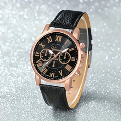 2pcs Quartz Watch Set Round Zinc Alloy Case PUPU PU Leather Strap No Required