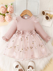 Baby Girls Mesh Dress Long Sleeve Bow Floral Embroidered Princess Dress